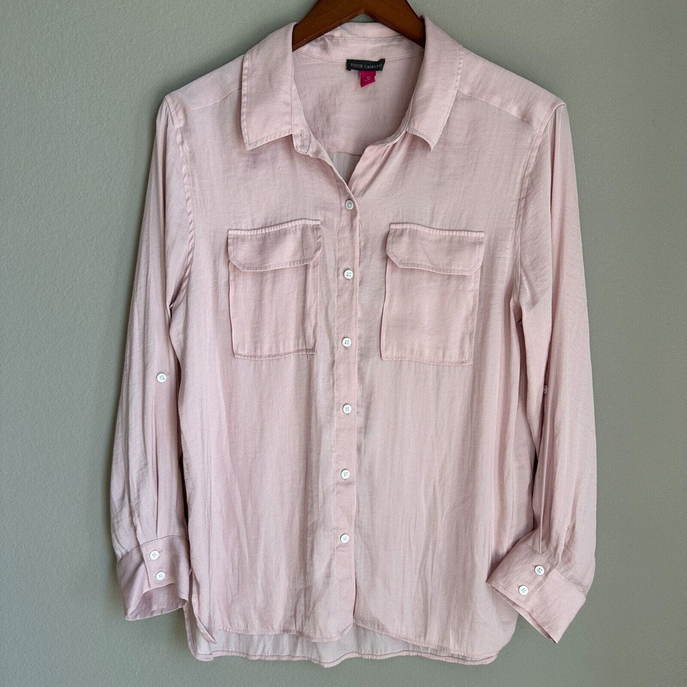 Vince Camuto Pink Button Up Top Satin Long Sleeve Collared Career Women's M